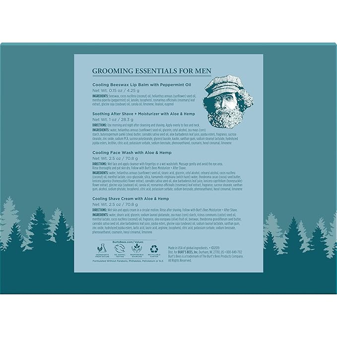 Burt's Bees Gifts Ideas - Grooming Essentials Kit, 4 Products for Men - Cooling Face Wash, Shave Cream, Soothing Moisturizer After Shave & Original Beeswax Lip Balm