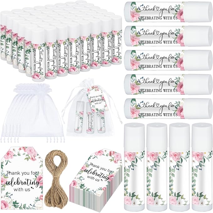 Dunzy 50 Pack Bridal Shower Favors Gifts Bulk Lip Balms Peony Wedding Favors Bachelorette Baby Shower Favor Prizes Souvenirs Thank You Appreciation Gifts for Guests Women Coworker Staff
