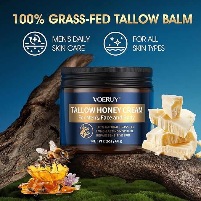 Mens Face Moisturizer Cream - Anti Aging & Wrinkle for Men with Tallow Balm & Raw Honey, Natural Grass-Fed Tallow Moisturizer for Face, Facial Skin Care & Eye Lotion - Day & Night, 2oz/60g