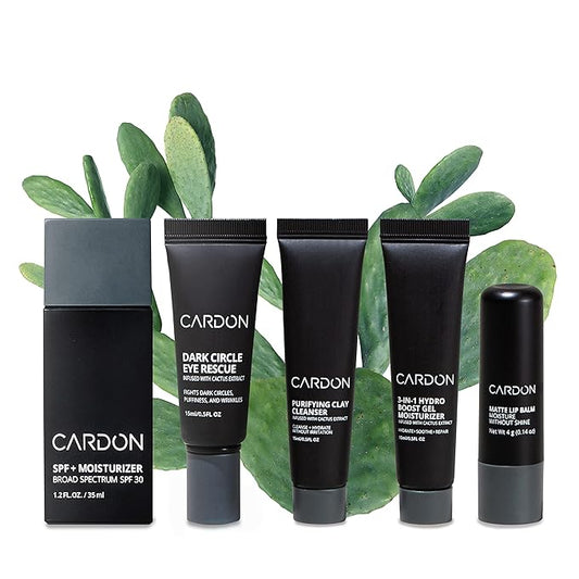 Cardon Jet Set Travel Sized Mens Skin Care Kit, Cactus Based Korean Skin Care Men, Includes SPF Sunscreen Moisturizer, Dark Circle Eye Rescue Cream, Clay Cleanser, 3-in-1 Hydro Gel, Lip Balm- Gift Set