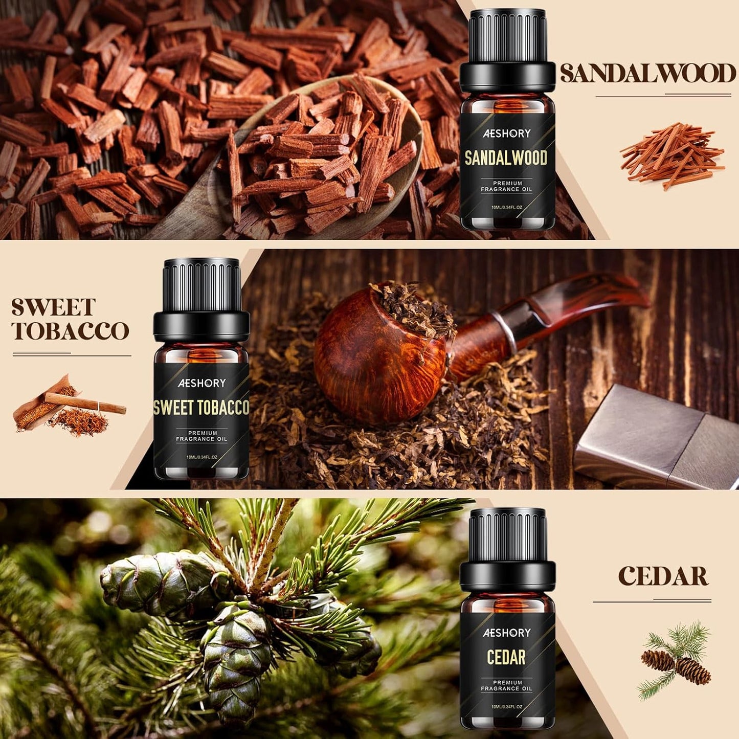 Gentlemen's Essential Oils Set - 6x10ML Mens Fragrance Oil for Candle Making, Diffuser - Sandalwood, Cedar, Leather, Sweet Tobacco, Bay Rum, Cologne Aromatherapy Oils for Men