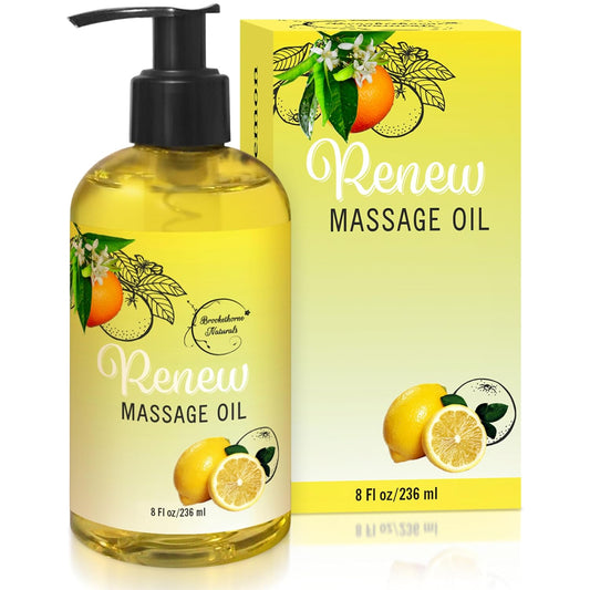 Renew Massage Oil with Orange, Lemon & Peppermint Essential Oils - Great for Massage Therapy or Home use. Ideal for Full Body – with Almond, Grapeseed & Jojoba – by Brookethorne Naturals