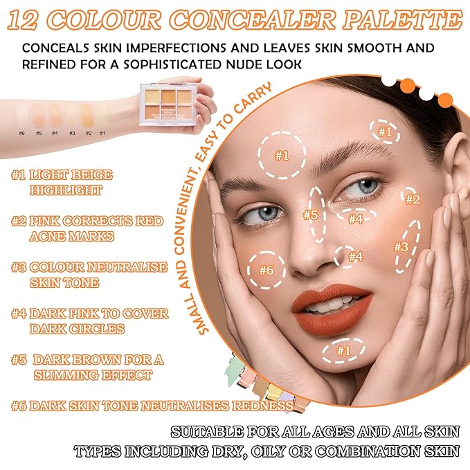 12 Colors Correcting Concealer Contour Makeup Palette, 6 in 1 Color Corrector Palette,Highlighting Concealer Palette Contouring Liquid Foundation Makeup Kit with Brush(2PCS)