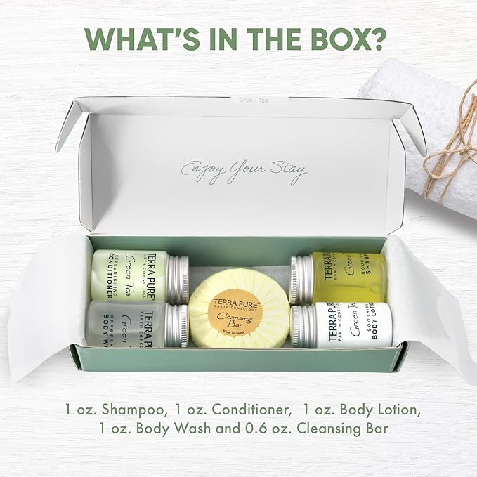 Terra Pure Green Tea Amenity Kit | Boxed Hotel Toiletries | Bulk Set 1oz Travel Size Shampoo, Conditioner, Lotion, Body Wash & Body Bar Soap for Guest Hospitality AirBnB/Vacation Rentals | 1 set/ case