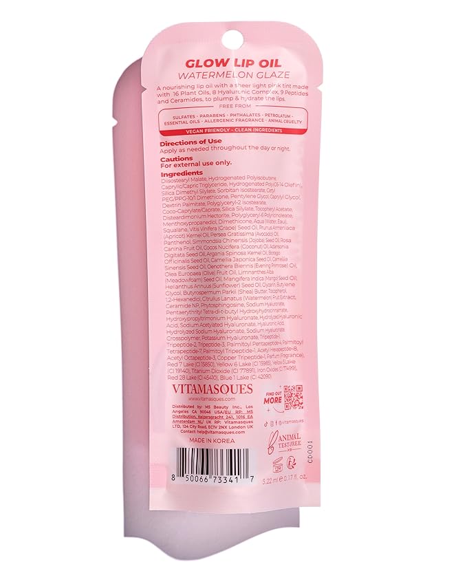 Vitamasques Korean Lip Oil Stain - Watermelon, Plump & Hydrate, Korean Lip Gloss, Lip Gloss plumper, Lip Oil For Women, Non-Sticky Lip Glow Oil Moisturizing - 0.17 Fl Oz