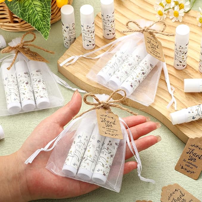 Demissle 50 Pcs Baby Shower Lip Balm Gift Set with 100 Pcs Organza Bags Baby Shower Party Favor for Guest Thank You Tag Rope Baby Shower Party Decoration Gender Reveal Souvenirs(Purple Flower)