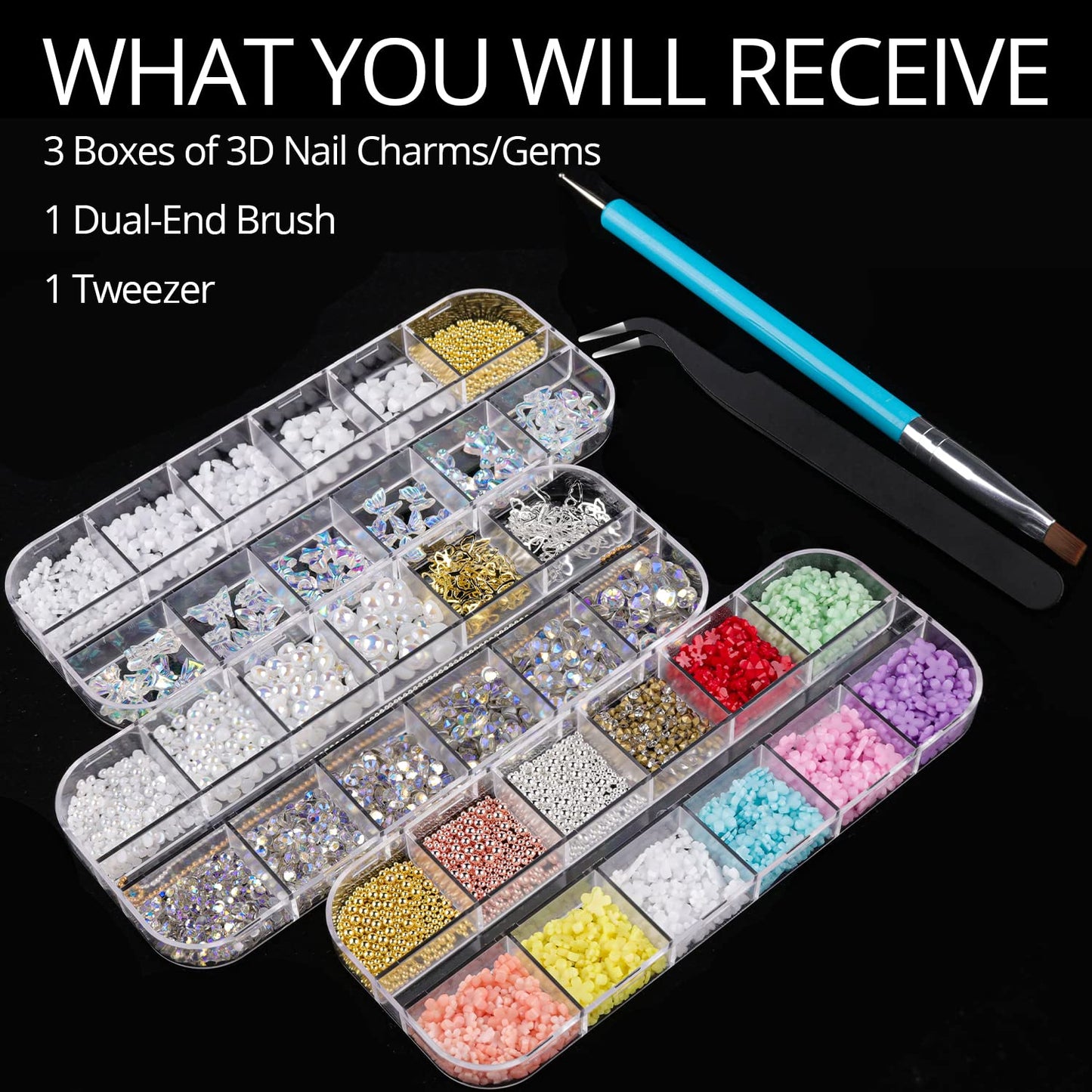 Mixed 3D Nail Art Gem Decoration Accessories Kit #2, Aurora Bear Bow Butterfly Starry AB Rhinestone Charm Jewelry for Deco, Pearl Flower Caviar Bead Stone Crystal with Dual-End Brush and Tweezer