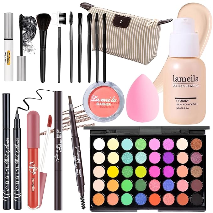 Makeup Set Full Kit for Girls Teens Women, Makeup Present Set, Includes Eyeshadow, Foundation, Blusher, Eyebrow Pencil, Mascara, Eyeliner, Brushes, Lip Gloss, Sponge, Cosmetic Bag