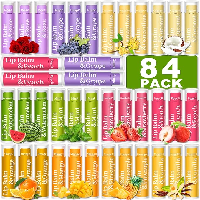 84 Pack of Lip Balm, 12 Flavored Lip Balms Natural Organic Vitamin E Lip Balm Pack for Dry Cracked Lips, Moisturising Lip Balm Bulk Gifts Stocking Stuffers Party Favors(4.2g/0.15oz)