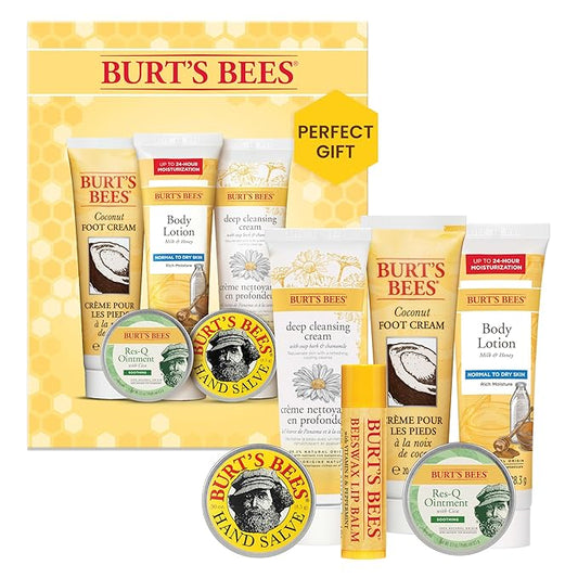 Burt's Bees Back to School Gifts Ideas, 6 College Dorm Products, Timeless Minis Set β Beeswax Lip Balm, Coconut Foot Cream, Milk & Honey Body Lotion, Deep Cleansing Cream, Res-Q Ointment & Hand Salve