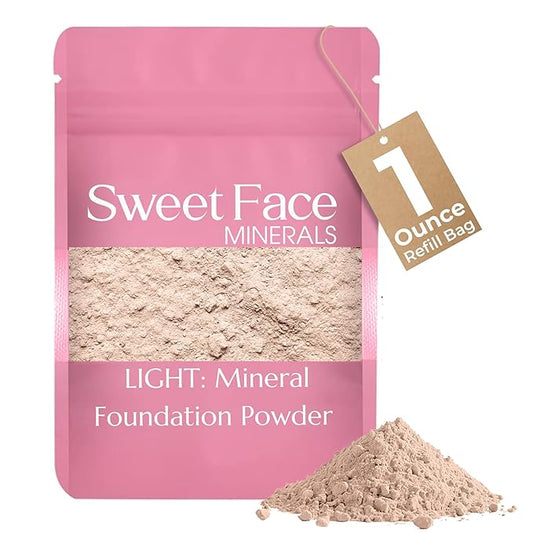 1 Ounce Light Foundation Powder Refill By Sweet Face Minerals, Lightweight Mineral Loose Makeup Powder with SPF 20, Full Coverage Flawless Finish, Talc-free, Cruelty-Free, Refillable Pouch