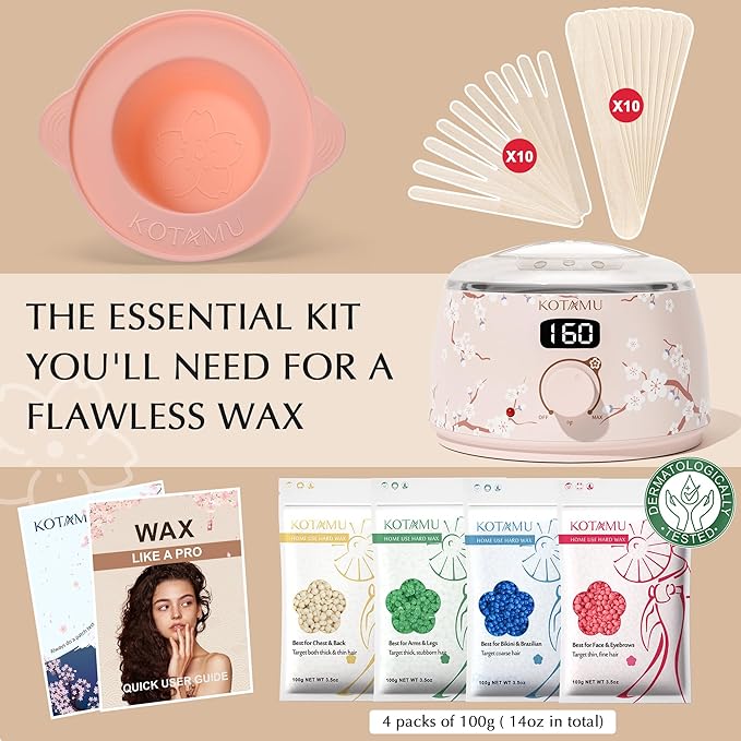 KOTAMU Waxing Kit for Women & Men, Wax Warmer for Hair Removal, Digital Wax Kit with Silicone Pot,Ideal for Face Eyebrow Arm Legs Armpit &Sensitive Skin, Cherry Waxing Machine for Home Salon Use