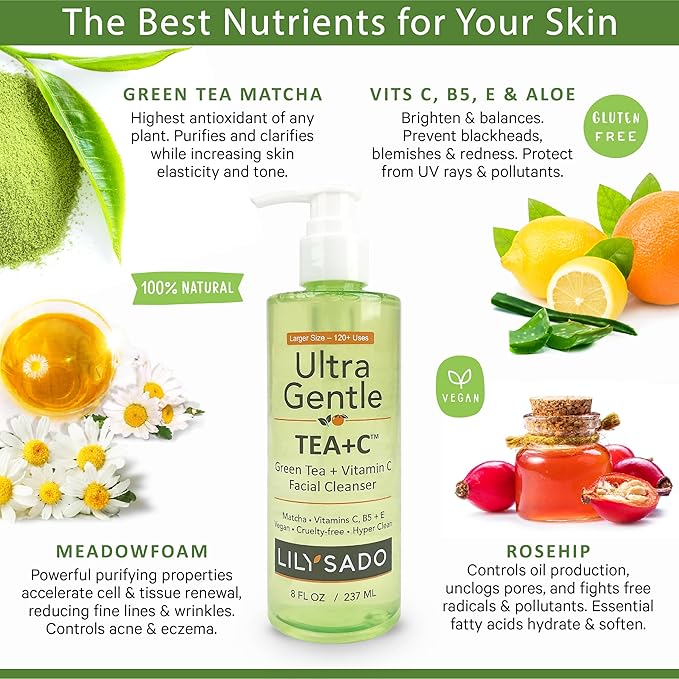 LILY SADO TEA+Cβ’ Green Tea & Vitamin C Face Cleanser β Natural Vegan Antioxidant Daily Face Wash with Aloe, Rosehip, Meadowfoam - Gentle Deep Cleansing for Acne, Blackheads, Blemishes. 8 oz