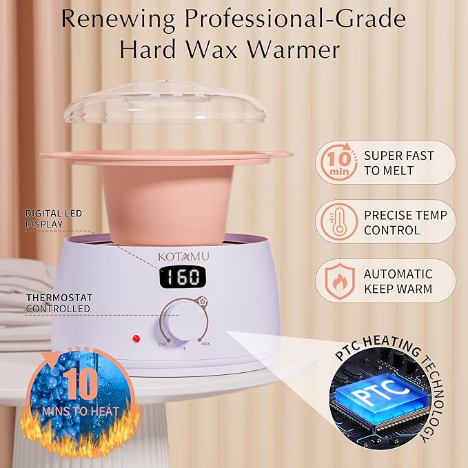 KOTAMU Waxing Kit for Women & Men, Wax Warmer for Hair Removal, Digital Wax Kit with SiliconePot,Ideal for Face Eyebrow Arm Legs Armpit &Sensitive Skin, Purple Waxing Machine With 44 Accessories