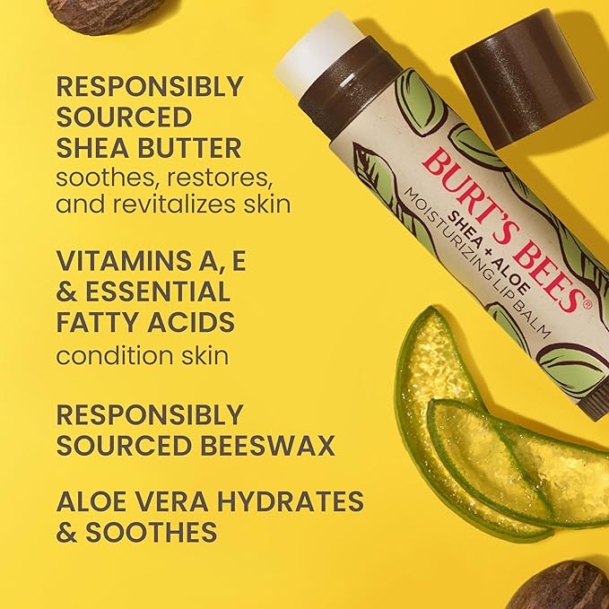 Burt's Bees Lip Balm Mothers Day Gifts for Mom - Shea and Aloe Lip Moisturizer With Responsibly Sourced Beeswax, Tint-Free, Natural Origin Conditioning Lip Treatment, 4 Tubes, 0.15 oz.