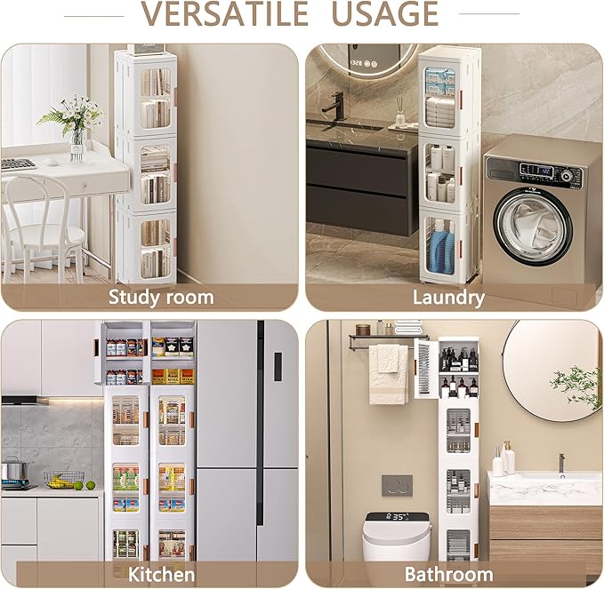 VECELO 4-Tier Plastic Tall Narrow Storage Cabinet with Movable Wheels, Adjustable Shelves, Magnetic Doors, Slim Bathroom Organizers and Storage for Small Space, Bathroom, Kitchen, Laundry, White