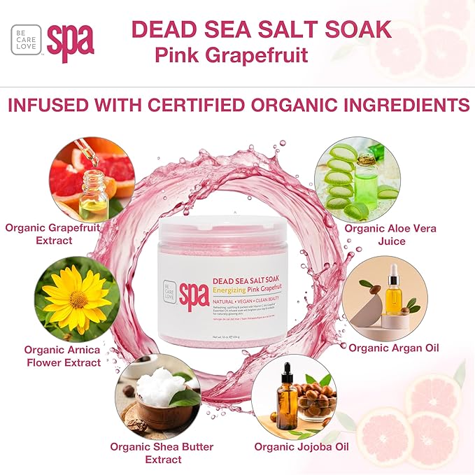 BCL SPA Dead Sea Salt Soak - bath salt with organic Pink Grapefruit, Shae Butter, Arnica, Aloe Vera juice, Chamomile, Argan oil & Jojoba oil skin exfoliator - Home/Professional use 16 fl oz