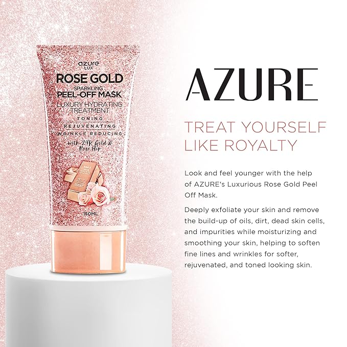 Azure Cosmetics Rose Gold Sparkling Peel-Off Face Mask โ Luxury Hydrating & Firming Skincare with 24K Gold & Rose Hip Oil โ Helps Reduce Fine Lines, Tone Skin & Improve Texture โ 150 ml