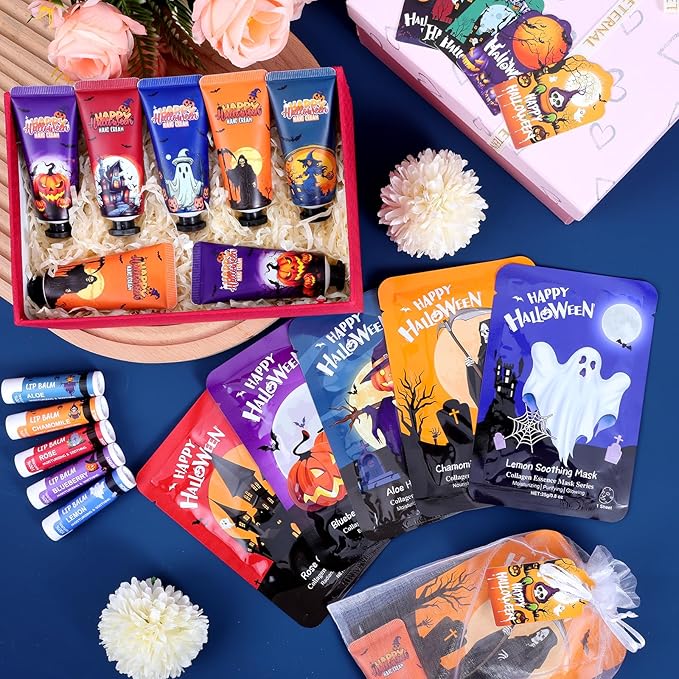 VESPRO 50 Pack Halloween Hand Cream, Facial Mask and Lip Balm Set, Bulk Halloween Gifts for Women, Halloween Decorations, Halloween Party Favors, Halloween Basket Stuffers and Halloween Skincare