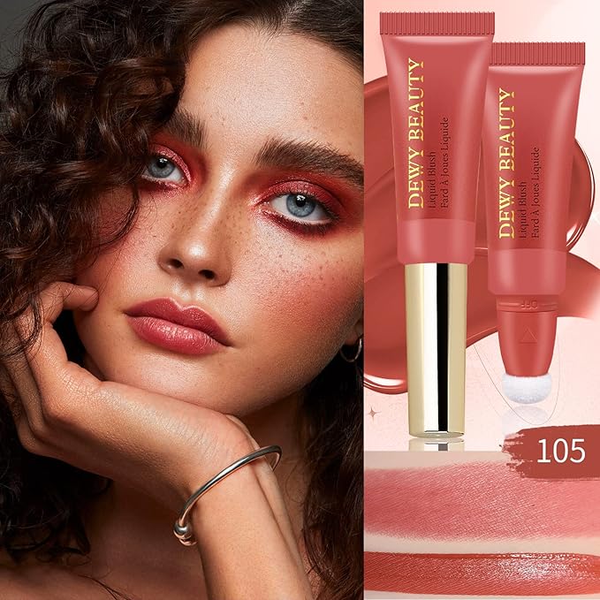 Liquid Blush Makeup Wand, Cream Liquid Blush with Cushion Applicator For Cheeks Tint, Natural-looking, Glow Dewy Finish, Weightless Blendable Liquid Blush Stick | #105 ARDOUR-Red Brown
