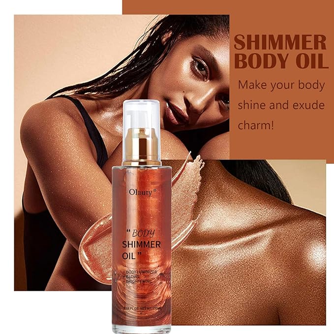 Shimmer Body Oil-Bronze Gold Face Brighten Pearl Highlighter Liquid Illuminator Body Glow Oil,4 Color Bronze Makeup Glitter Body Shimmer Oil with Makeup Brush