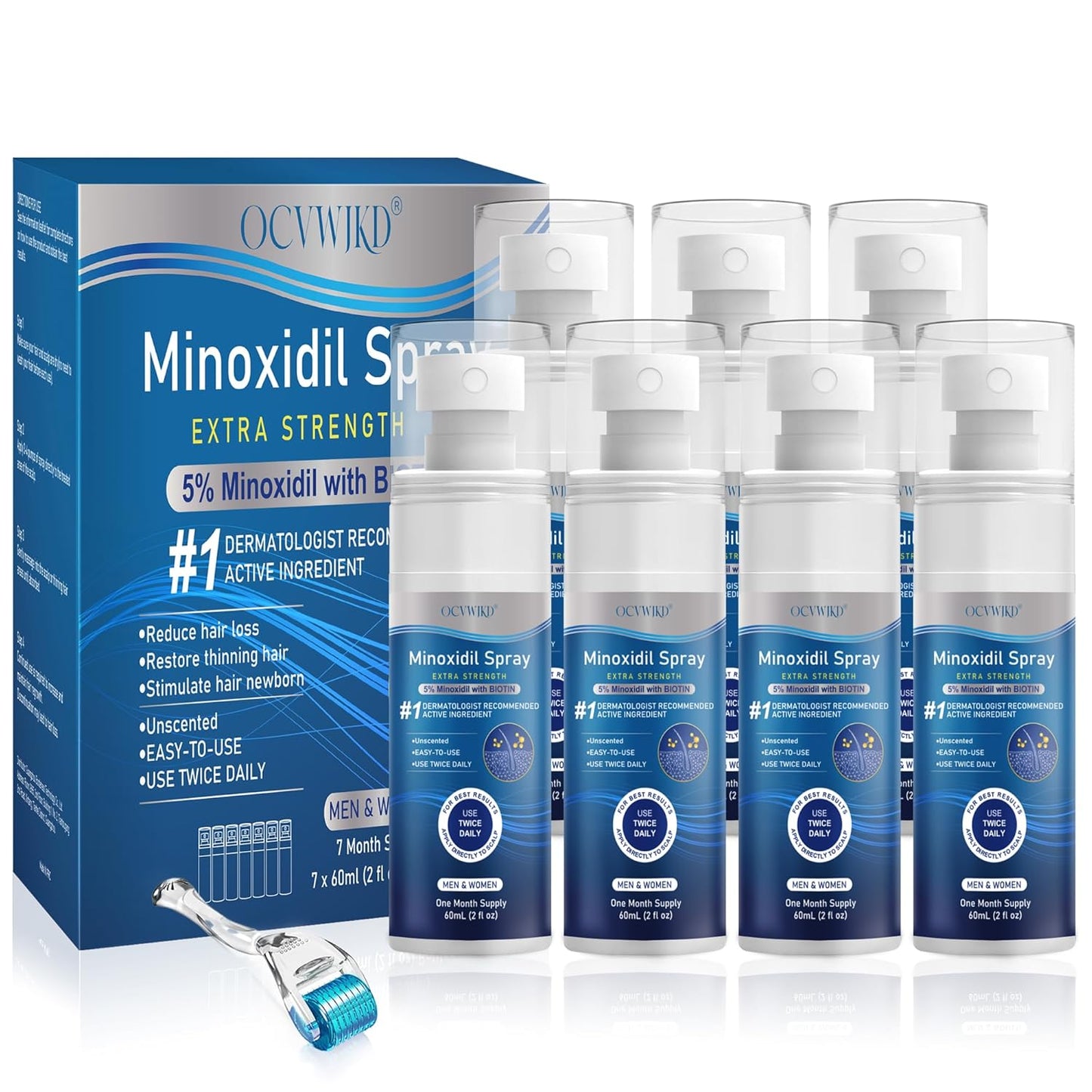 5% Minoxidil for Men and Women, Regrowth Serum, Extra Strength Spray for Hair Loss, Minoxidil 5 Percent, Thicker Healthier Hair, Beard Growth Kit, Topical Treatment, 60ml x 7 Bottles(Extra Strength)