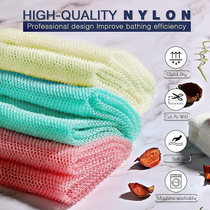 UJFQBH 3 Pieces African Net Sponge, African exfoliating net African Net Long Net Bath Sponge Exfoliating Shower Body Scrubber Back Scrubber Skin Smoother(Pink, Green, Off-White)