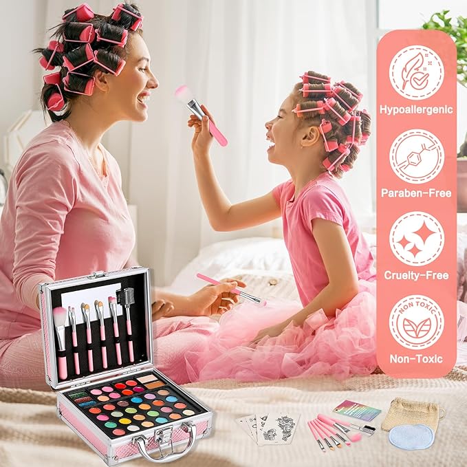 Anpro All-In-One Makeup Carry Case with Pro Teen Makeup Set, Full Starter Cosmetics Kit with Makeup Brushes, Eye Shadows Palette, Blushes, Glitter Gel, Temporary Tattoo Stickers - Blue