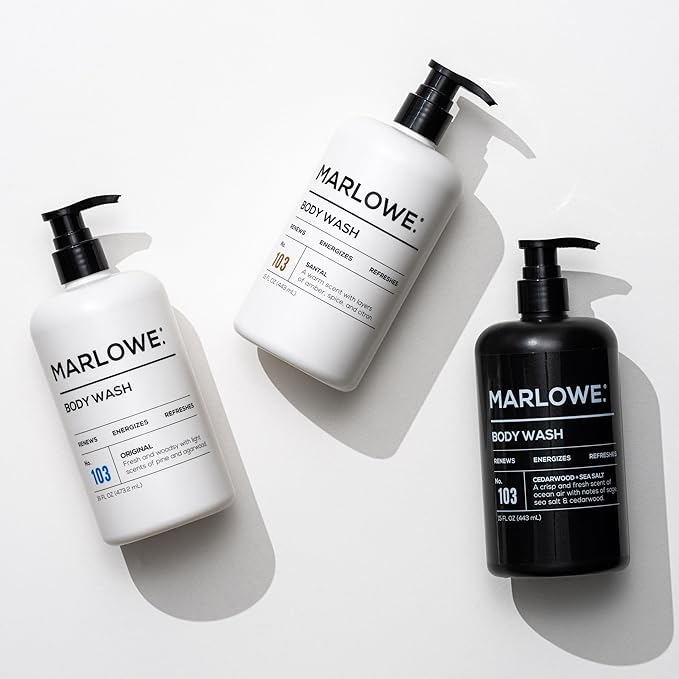 MARLOWE. No. 103 Body Wash 15 oz Pump, Cedarwood + Sea Salt, Energizing & Refreshing Shower Gel, Willow Bark & Green Tea Extracts, Cleanses, Moisturizes, Smooths & Nourishes, Fresh & Zesty Scent