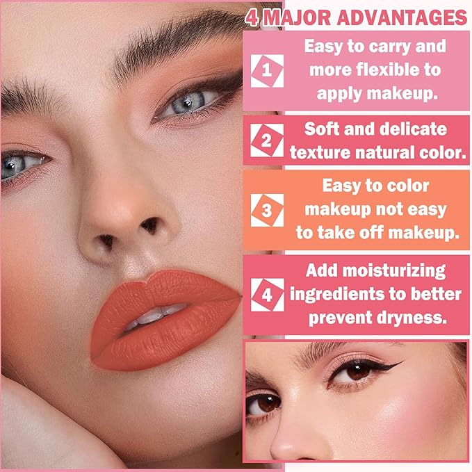 Cream Blush Stick with Brush, Waterproof, Long Lasting, Natural Finish, Rose Red - Compact Stick for All Skin Tones