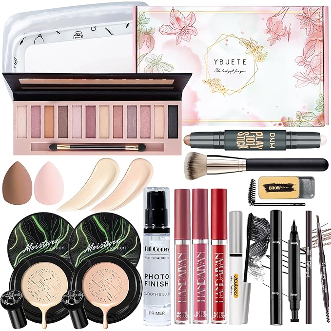 Makeup Kit Set for Women, Makeup Present for Women Teen Girl, Eyeshadow CC Cream Foundation Face Primer, Makeup Brush Sponge, Lipstick, Eyebrow Soap Pencil Mascara Eyeliner Cosmetic bag