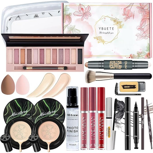 Makeup Kit Set for Women, Makeup Present for Women Teen Girl, Eyeshadow CC Cream Foundation Face Primer, Makeup Brush Sponge, Lipstick, Eyebrow Soap Pencil Mascara Eyeliner Cosmetic bag