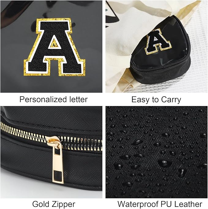 YOOLIFE Initial Makeup Bag Travel Toiletry Bag, Clear Makeup Bag Car Accessories For Women Clear Makeup Bags With Zipper Girlfriend Teacher 13 Year Old Girl Gifts Daughter Girl Gifts Mini Black M