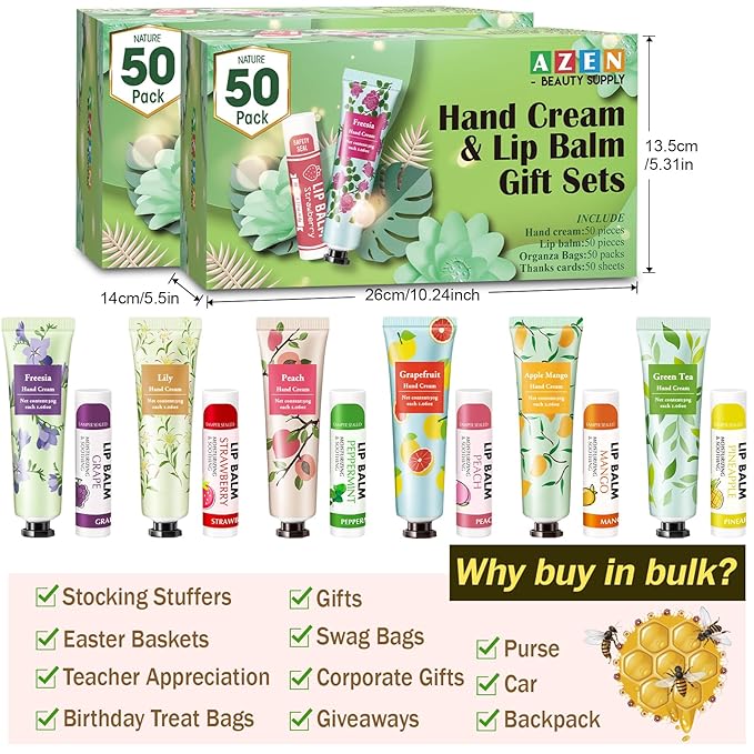 AZEN 100 Sets Hand Cream Bulk and Lip Balm Bulk Set, Bridal Shower Gifts for Guests with Organza Bag Thank You Card, Thank You Gifts for Coworkers Women Men, Bridal Wedding Favors for Guests