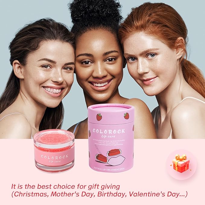 Strawberry Sugar Lip Scrub & Lip Sleeping Mask Set Natural Lip Treatment Duo - 4 IN 1 Gift Set For Exfoliate,Nourish Soothe & Hydrate Dry and Flaky Lips-Natural Overnight Lip Care for Soft,Smooth Lips