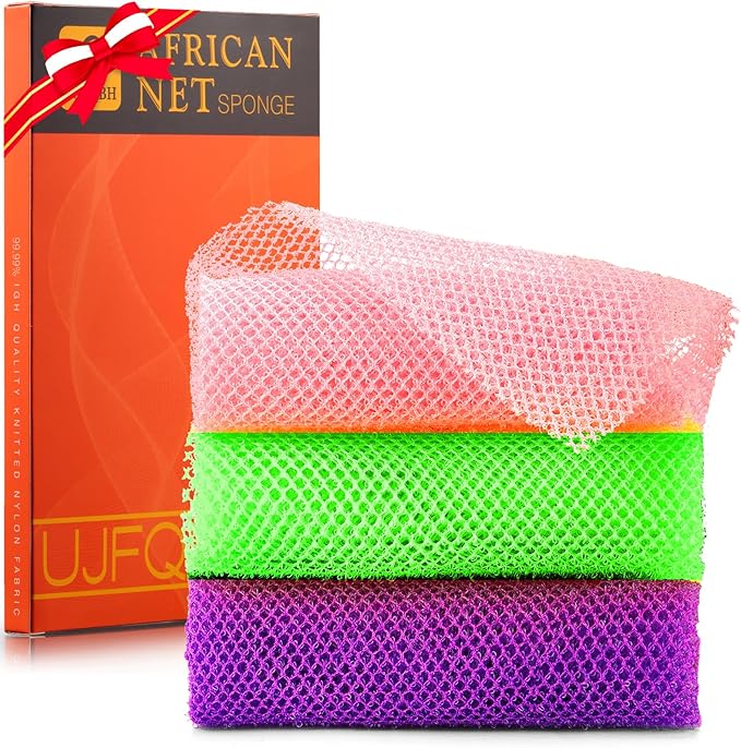 UJFQBH 3 Pieces African Bath Sponge African Net Long Net Bath Sponge Exfoliating Shower Body Scrubber Back Scrubber Skin Smoother,Great for Daily Use (Purple, Pink,Green)