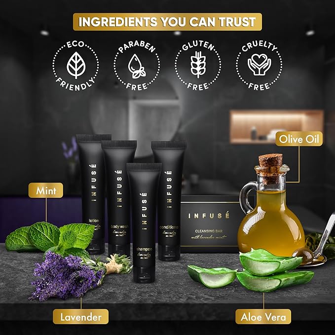 Infuse Black Amenity Kit | Boxed Hotel Toiletries | Bulk Set 1 oz Travel Size Shampoo, Conditioner, Lotion, Body Wash & Cleansing Bar for Guest Hospitality AirBnB/Vacation Rentals | 75 Pieces