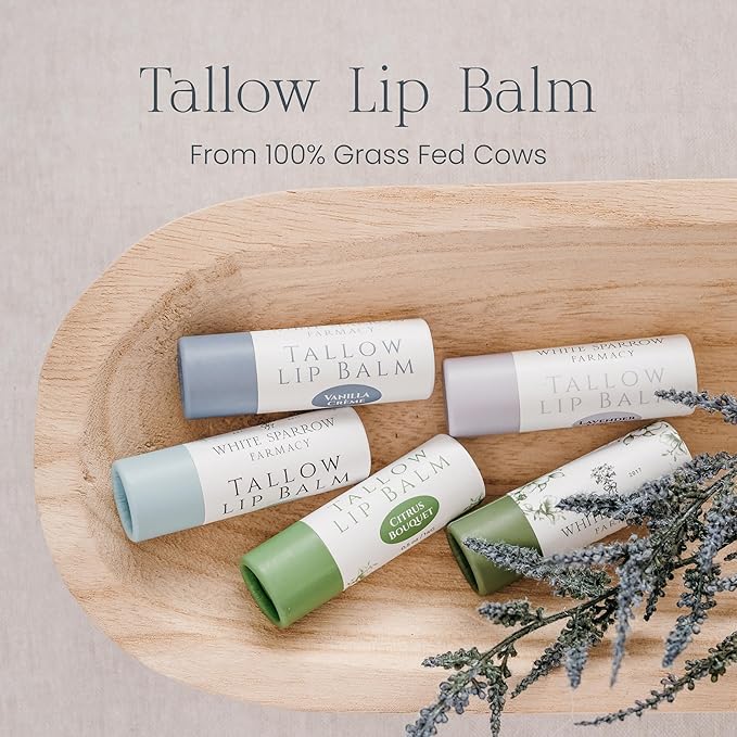 Organic Tallow Lip Balm (Lavender & Honey) from Grass Fed Cows. Super hydrating with Tallow, Olive Oil, Honey, and Beeswax. Sustainable Cardboard Tubes & Hand Filled. Jumbo Size 0.5 oz.