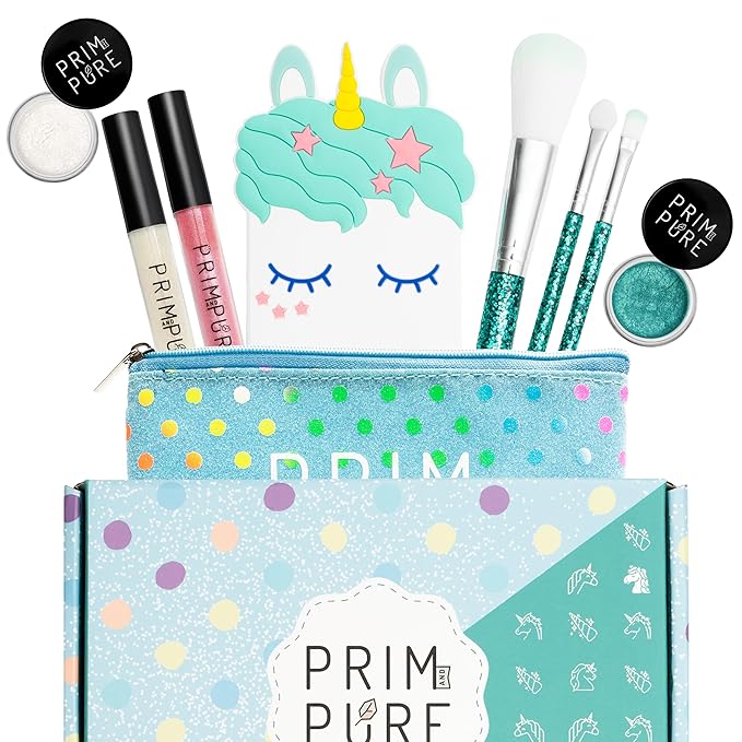 Prim and Pure Mineral Gift Set with Unicorn Mirror| Perfect for Play Dates & Birthday Parties | Kids Eyeshadow Makeup – Mineral Blush | Organic & Natural Makeup Kit for Kids| Made in USA (Blue)