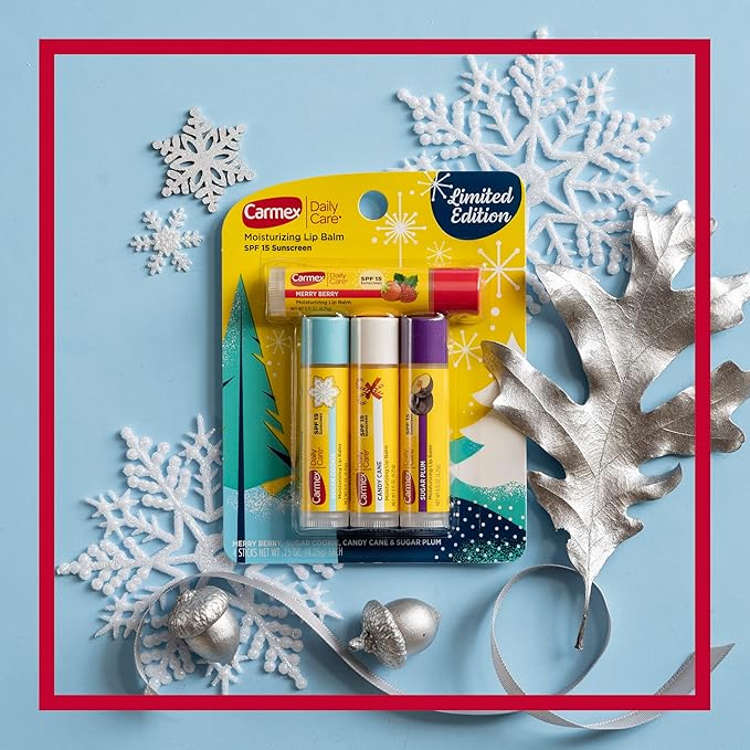 Carmex Daily Care Moisturizing Lip Balm Limited Edition Holiday Stick Pack in Sugar Plum, Candy Cane, Sugar Cookie and Merry Berry - 0.15 OZ each, 4 count (Pack of 2)