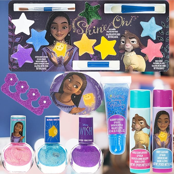 Disney Wish - Townley Girl Train Case Cosmetic Makeup Set Includes Lip Gloss, Eye Shimmer, Brush, Nail Polish, Accessories & more! for Girls, Ages 3+ perfect for Parties, Sleepovers & Makeovers