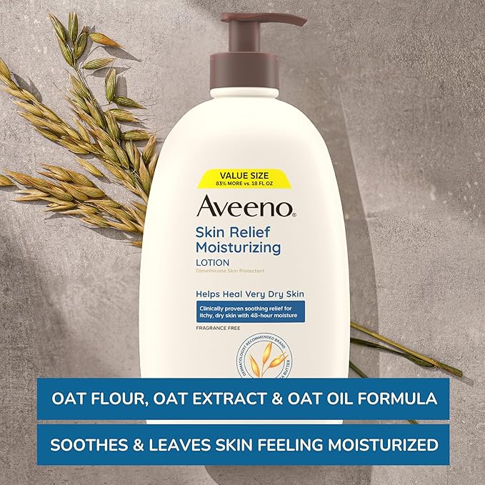 Aveeno Skin Relief Moisturizing Lotion for Very Dry, Itchy, Dry Skin, Body Moisturizer, Soothing Triple Oat & Shea Butter, Fragrance-Free, Non-Greasy, 33 fl oz