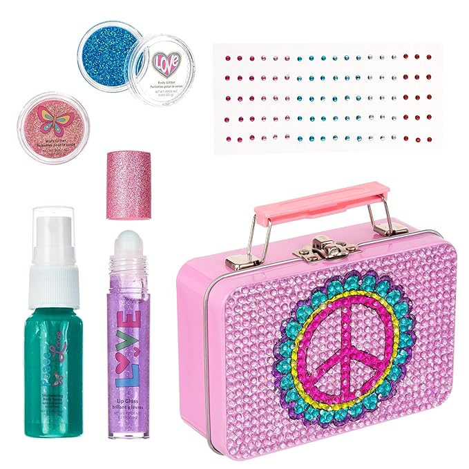 Expressions 6pc Peace & Rhinestones Beauty Set w/Tin Box Storage Case - Body Spray, Body Glitter, Mini Body Gems, and Lip Gloss Set,Washable + Non Toxic