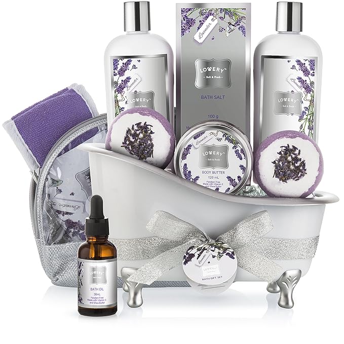 Bath Gift Basket Set for Women: Relaxing at Home Spa Kit Scented - Lavender and Jasmine with Large Bath Bombs, Salts, Shower Gel, Body Butter Lotion, Bath Oil, Bubble Bath, Loofah & More