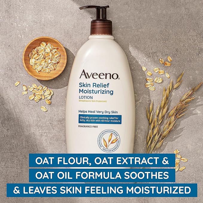 Aveeno Skin Relief 24-Hour Moisturizing Lotion for Sensitive Skin with Natural Shea Butter & Triple Oat Complex, Unscented Therapeutic Lotion for Extra Dry, Itchy Skin, 12 fl. oz