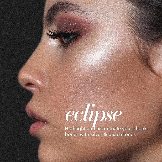 Pippa of London Eclipse Highlighter Palette 381 Make Up for Cheeks and Face with 4 Luxury Highlighters in a Silver Gold Case with Mirror