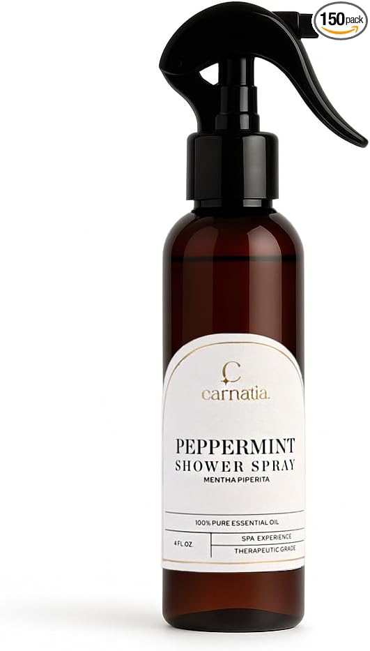 Carnatia Peppermint Shower Spray – Aromatherapy Essential Oil Mist for Showers | Spa-Like Refreshing Steam Experience | 4 fl oz Trigger Pump Spray for Focus & Energy