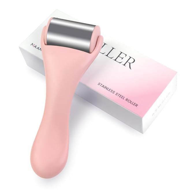 MAANGE Ice Roller for Face 1 Piece Stainless Steel Facial Roller Ice Face Roller for Puffiness,Migraine,Pain Relief and Skin Care (Pink)