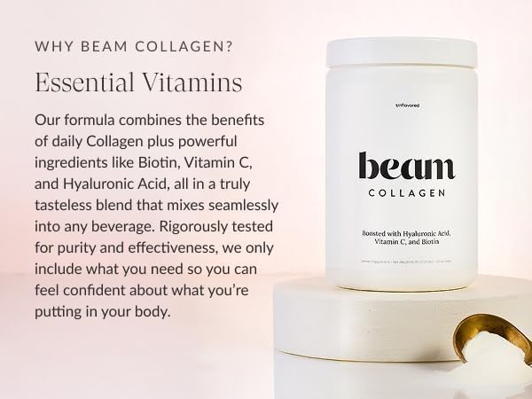 Beam Collagen Powder, Collagen for Women, Collagen with Hyaluronic Acid, Collagen Peptides Type 1 and 3, with Biotin, Grass Fed Bovine, Third-Party Tested, Best for Coffee, Vitamin C, 60 Servings