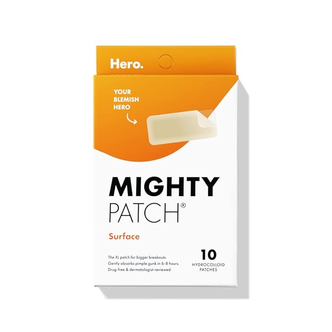 Mighty Patch Surface Large Pimple Patches for Face from Hero Cosmetics, Acne Spot for Body, Cheek, Forehead, and Chin, Pimple Stickers, Hydrocolloid Covers, Vegan-friendly, 10 Count